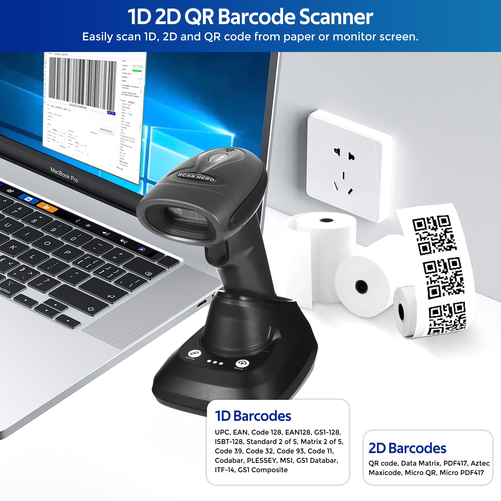 World Bar Code Scan Hero ST-2278 2D wireless barcode imager Bluetooth with cradle ...