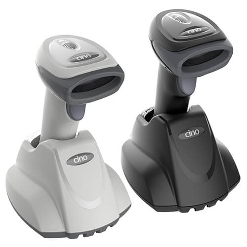 CINO FuzzyScan F680BT 1D Cordless Imager black and white right facing with cradle