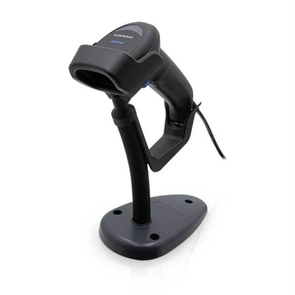 Datalogic QuickScan QD2500, Black, left facing in flex stand