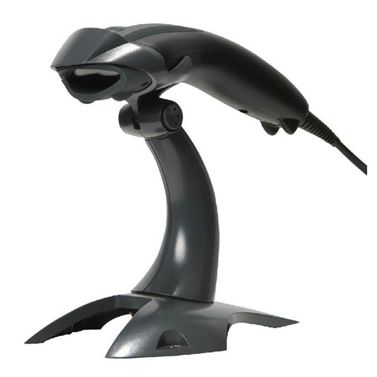 Honeywell Voyager 1200g 1D Laser Corded Single-Line Scanner left side with stand