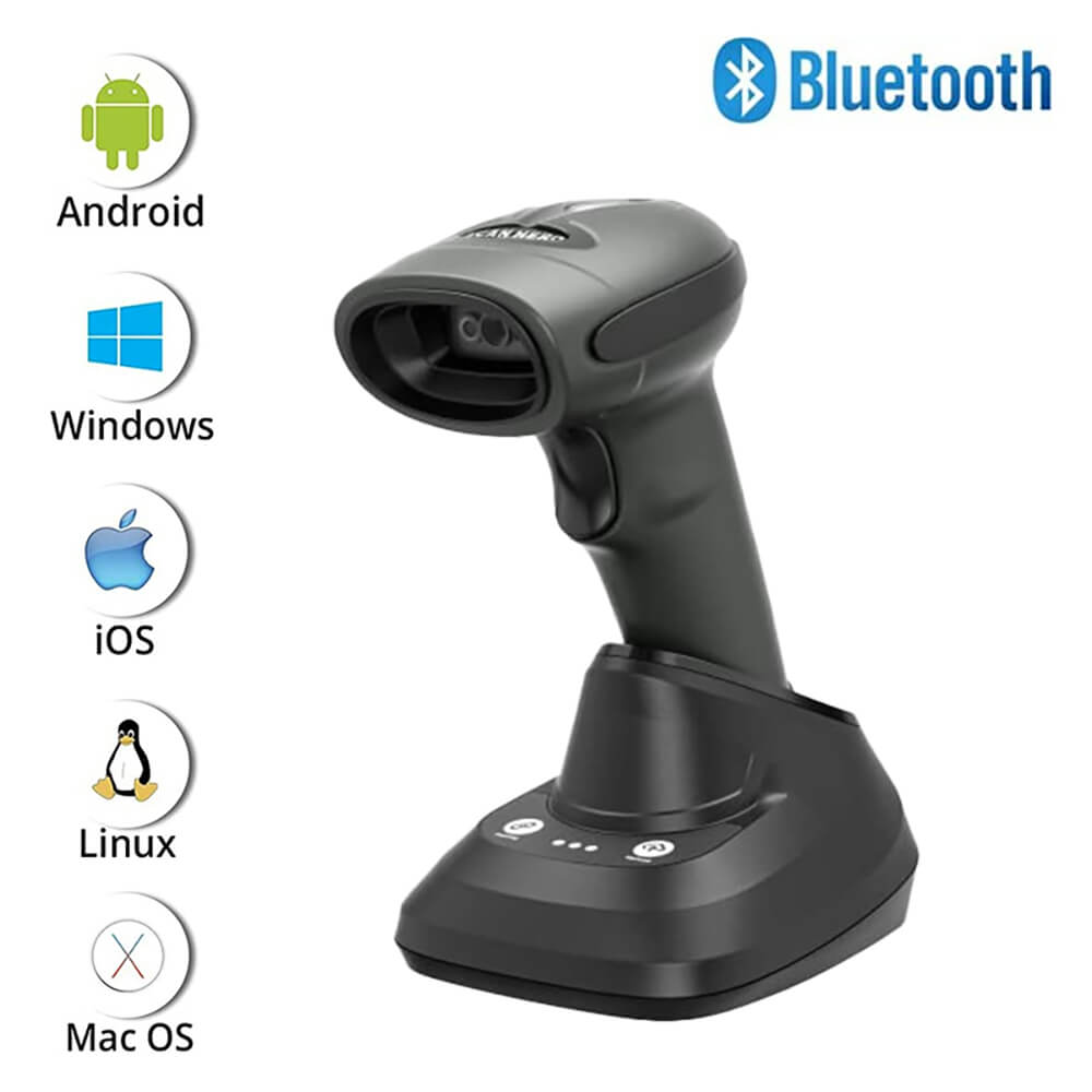 SCAN HERO ST-2278 barcode scanner front left side with cradle