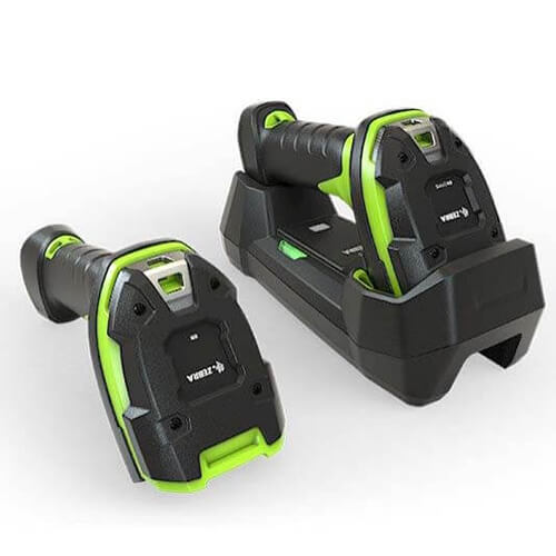 Zebra LI3600-ER facing down with cradle