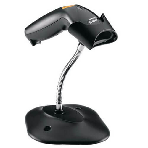 Zebra Symbol LS1203 black with stand side