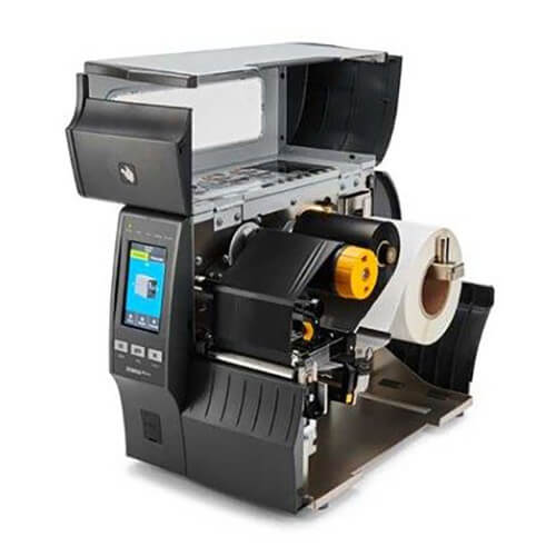 Zebra ZT411 RFID industrial printer open with media front left facing