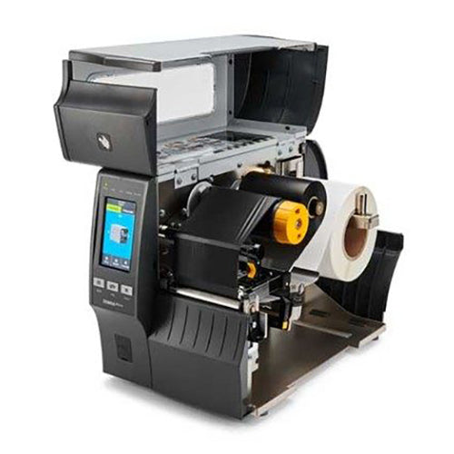 Zebra ZT411 industrial printer open with media front left facing
